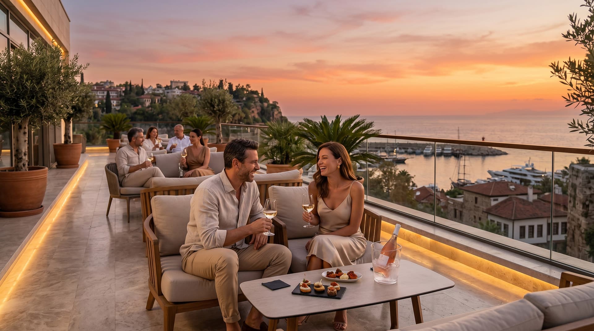 Antalya'da gün batımı terasında konaklama deneyimini gösteren otel içeriği