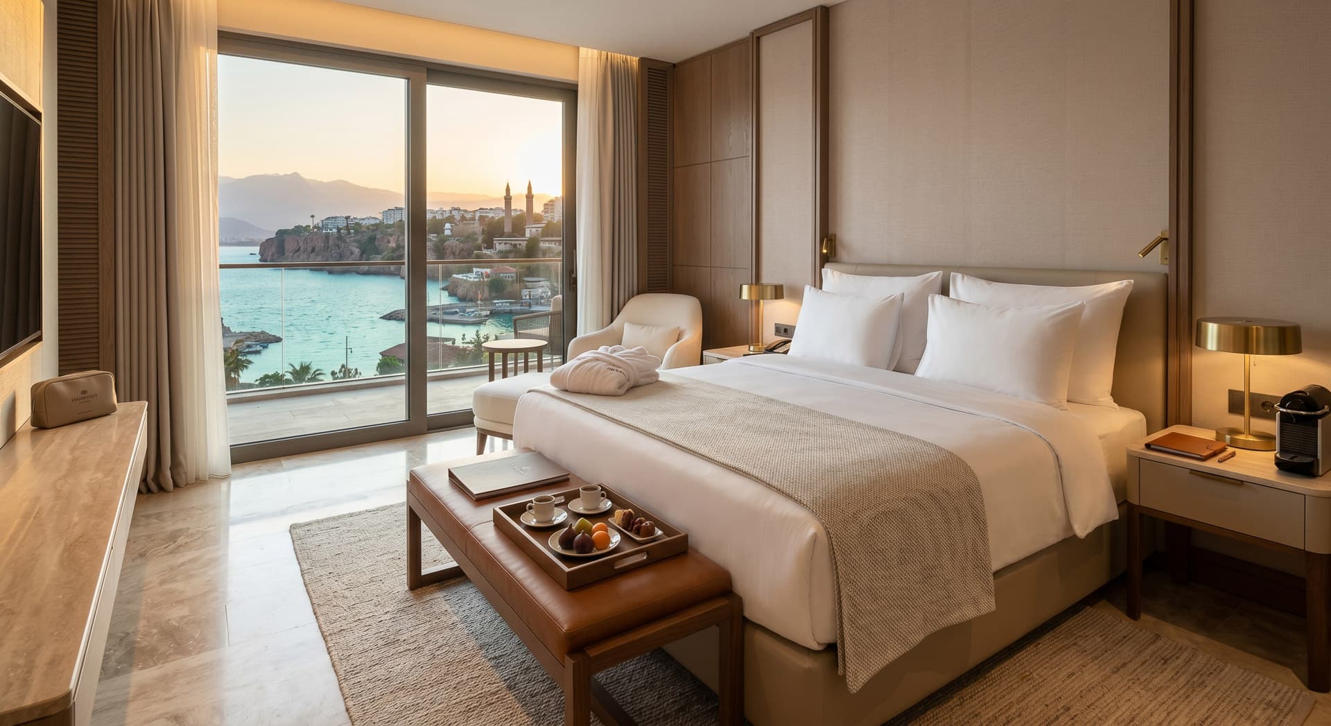 Şehir ve deniz manzaralı lüks otel odasını gösteren turizm içeriği