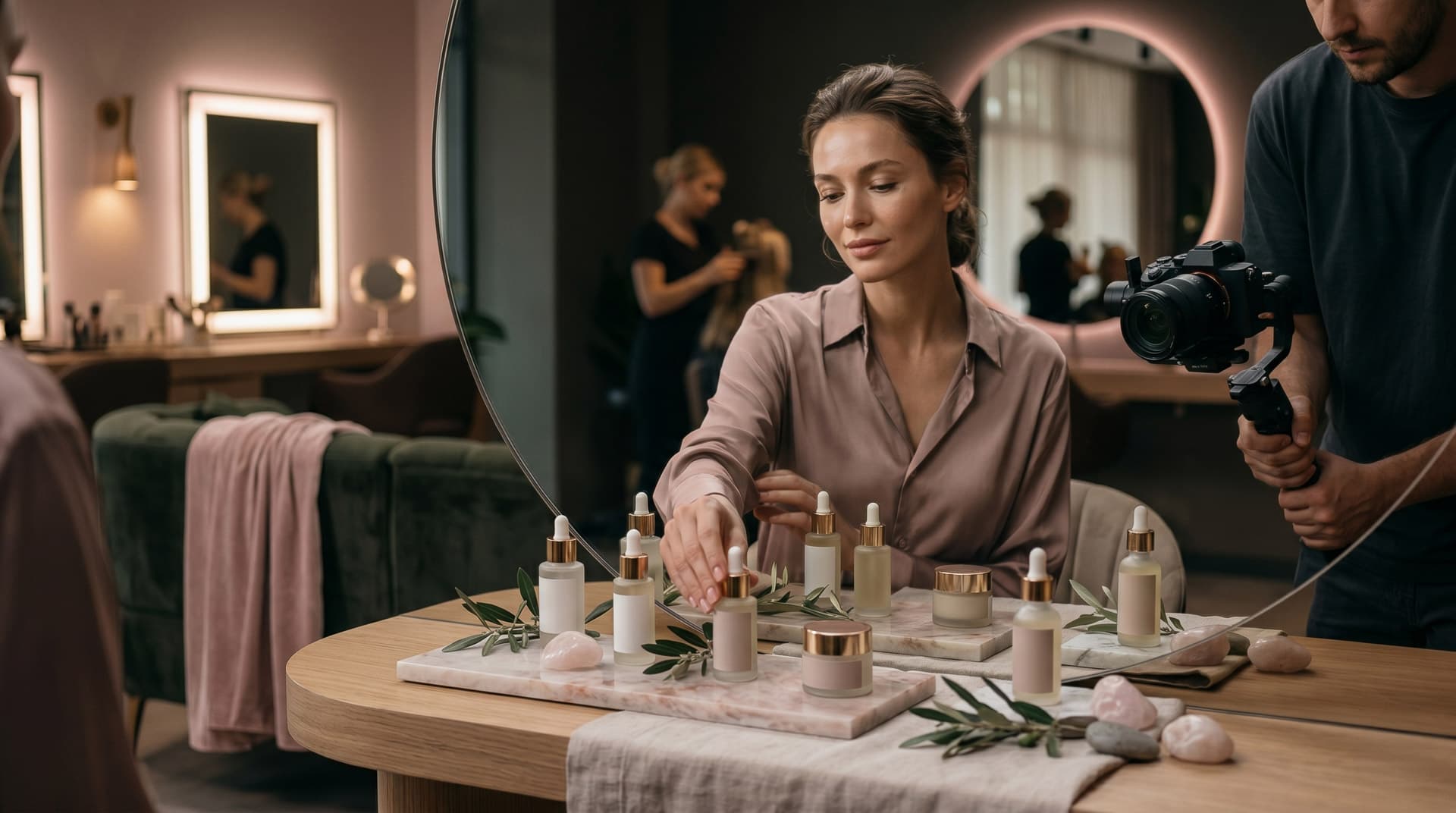 Güzellik markası için ürün ve model çekimi hazırlanan premium salon sahnesi