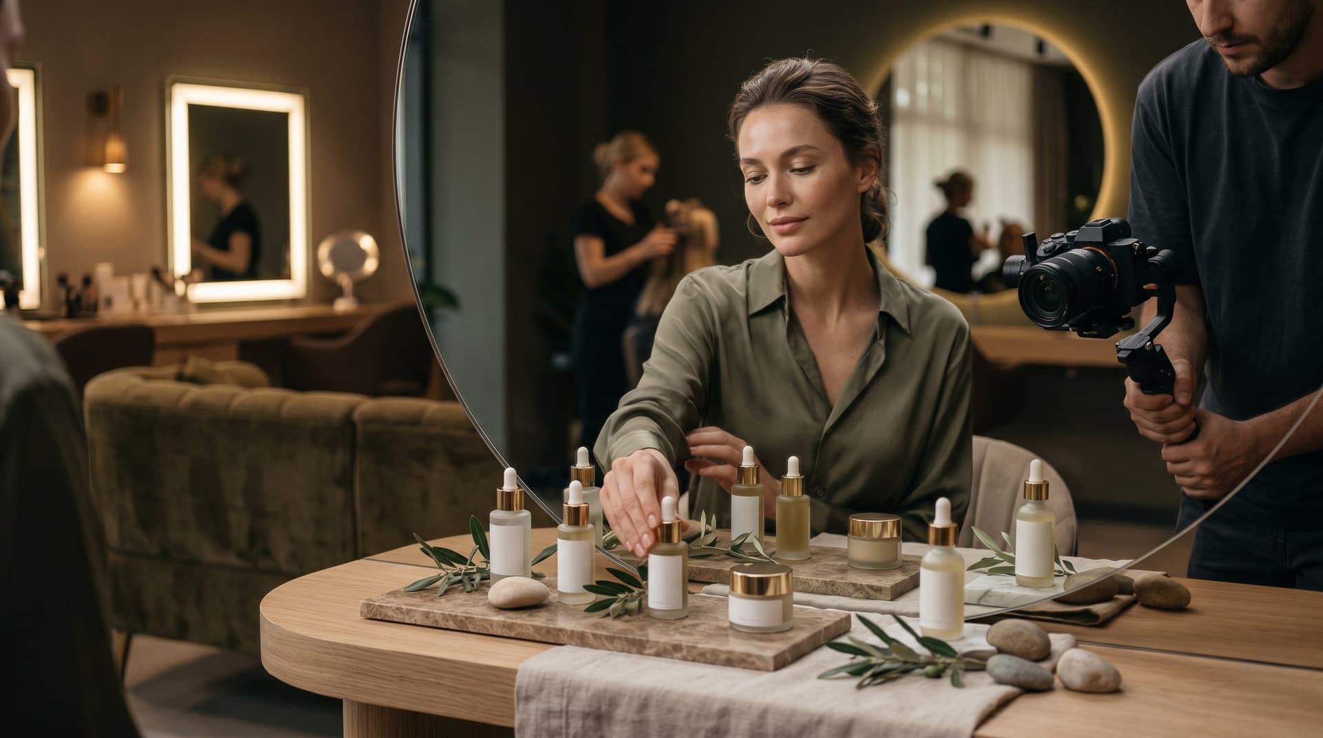 Premium salon içinde model ve ürün odaklı güzellik markası kampanya görseli