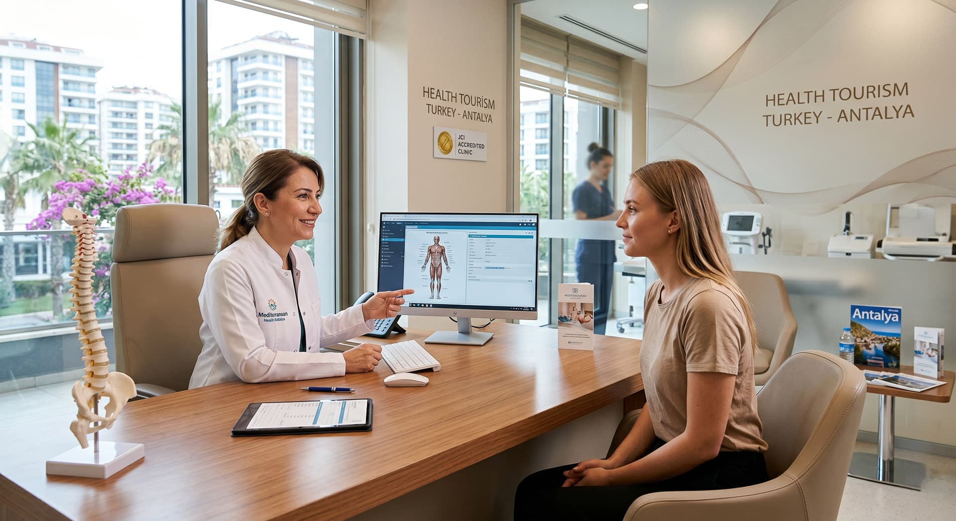 Doktor ve hastanın Antalya'daki klinikte yaptığı sağlık turizmi danışmanlık görüşmesi