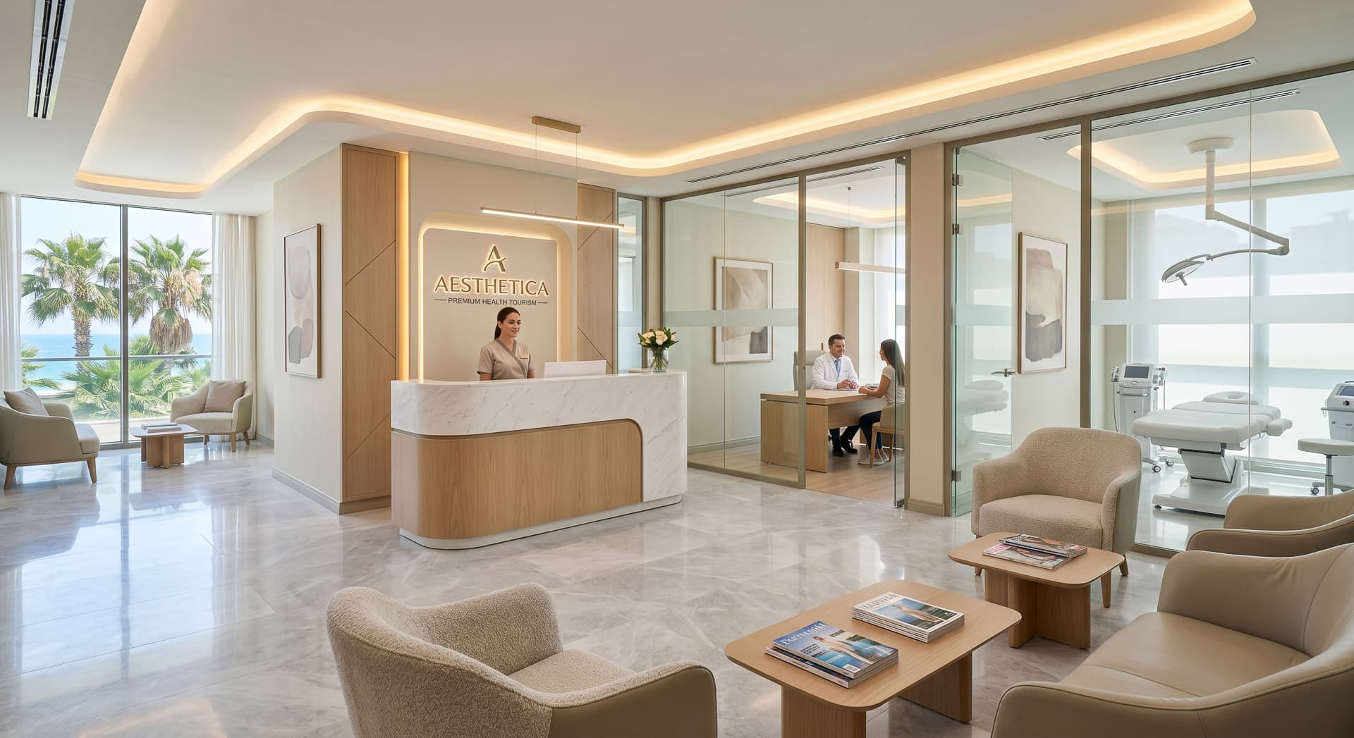 Antalya'da sağlık turizmi kliniği giriş ve karşılama alanını gösteren premium görsel