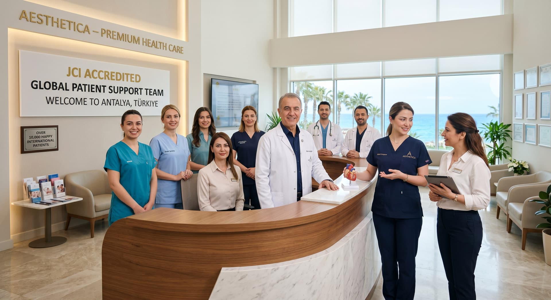 Uluslararası hasta desteği veren sağlık turizmi ekibinin kurumsal grup çekimi